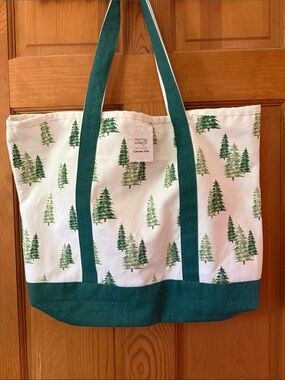 Merry Makers White Tote with Green Tree Print